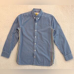 Boden Blue and White Gingham Shirt with Rainbow Pattern